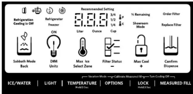 Refrigeration Cooling is Off Refrigerator Freezer Recommended Setting 3/4 1/2 1/4 C % Remaining Showroom Mode Order Filter Replace Filter ON Liter Ounce Cup Sabbath Mode Back DIM Units Max Ice Select Zone Filter Status - Max Cool + Confirm Dispense Vccitation Mode Calibrate Measured Fill Turn Cooling Off ICE/WATER | LIGHT | TEMPERATURE | OPTIONS | LOCK | MEASURED FILL Hold 3 Sec | Hold 3 Sec