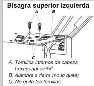 Bisagra superior izquierda A. Tornillos internos de cabeza hexagonal de 3/16" B. Alambre a tierra (no lo quite) C. No quite los tornillos