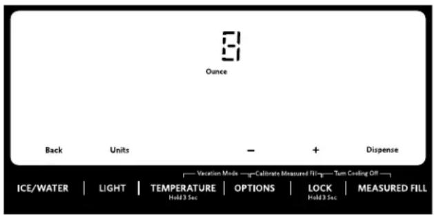 Ounce Back Units - + Dispense ——Vacation Mode——Calibrate Measured Fill——Turn Cooling Off—— ICE/WATER | LIGHT | TEMPERATURE | OPTIONS | LOCK | MEASURED FILL Hold 3 Sec Hold 3 Sec
