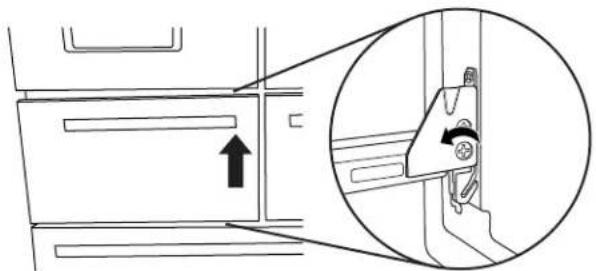 Diagram showing a door handle mechanism with an arrow indicating direction and a magnified inset highlighting the mechanism.