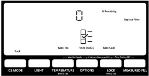 % Remaining Replace Filter Max Ice Filter Status Max Cool Back p-- Vacation Mode --g-- Calibrate Measured Fill g-- Turn Cooling Off --h ICE MODE LIGHT TEMPERATURE OPTIONS LOCK MEASURED FILL Hold 3 Sec Hold 3 Sec