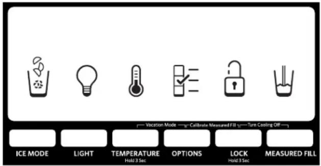 Vocation Mode — Calibrate Measured Fill — Turn Cooling Off ICE MODE LIGHT TEMPERATURE Options LOCK MeASURED FILL Hold 3 Sec Hold 3 Sec