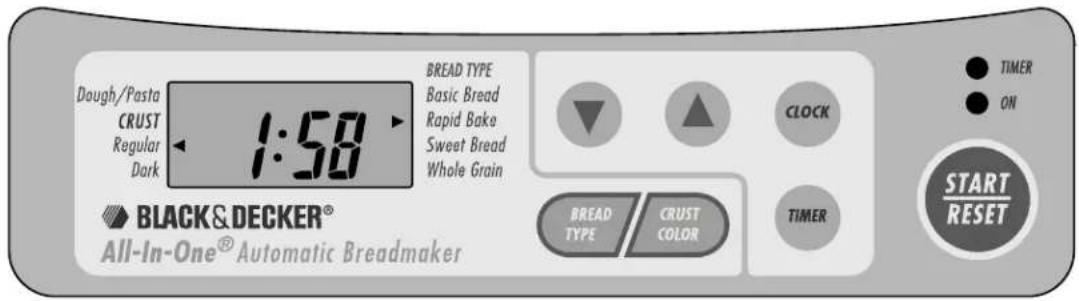 Dough/Pasta CRUST Regular Dark 1:58 BREAD TYPE Basic Bread Rapid Bake Sweet Bread Whole Grain BLACK&DECKER® All-In-One® Automatic Breadmaker BREAD TYPE CRUST COLOR CLOCK TIMER START RESET