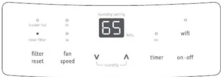 humidity setting bucket full hi clean filter lo 65 RH% o wifi filter reset fan speed V humidity timer on-off