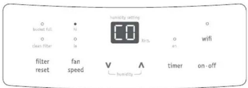 bucket full clean filter filter reset • ni ○ lo fan speed humidity setting CO RH% ○ an wifi V humidity ▲ timer on-off