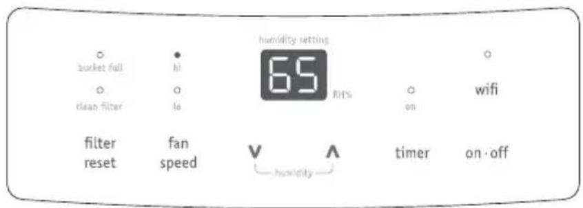 bucket full clean filter filter reset hi lo fan speed humidity setting 65 RHS on timer on-off wifi