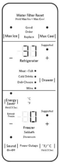 Water Filter Reset Hold Max Ice + Max Cool ● Good ● Max Ice | Replace | Max Cool | - 3.7 Suggested Refrigerator + Meat - Fish ● Cold Drinks ● | Drawer | Dell-Cheese ● Wine ● ● Energy Saver | °C Held 3 Sec | °F Extend- Freeze - 3.0 Suggested - Freezer Sabbath ● + ● Showroom Sound | Power Outage | °F/°C | On-Off | Hold 3 Sec