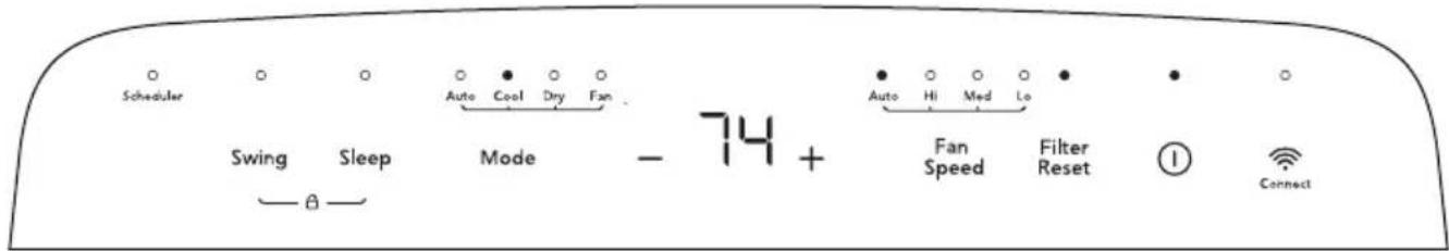 Scheduler Swing Sleep Mode - 74 + θ Auto Cool Dry Fan Auto Hi Med Lo Fan Speed Filter Reset Connect
