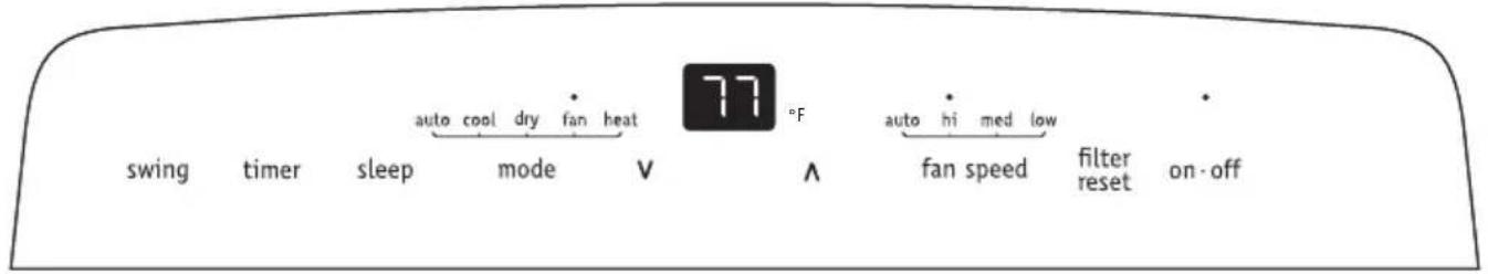 auto cool dry fan heat swing timer sleep mode V °F auto hi med low fan speed filter reset on-off