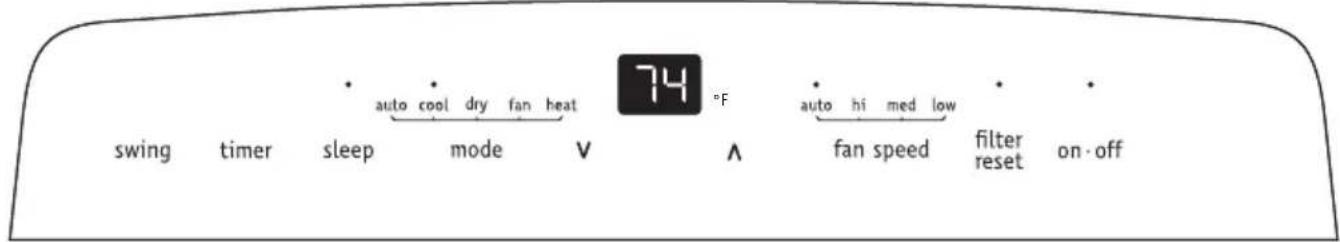 swing timer sleep mode V 74 °F auto cool dry fan heat auto hi med low fan speed filter reset on-off