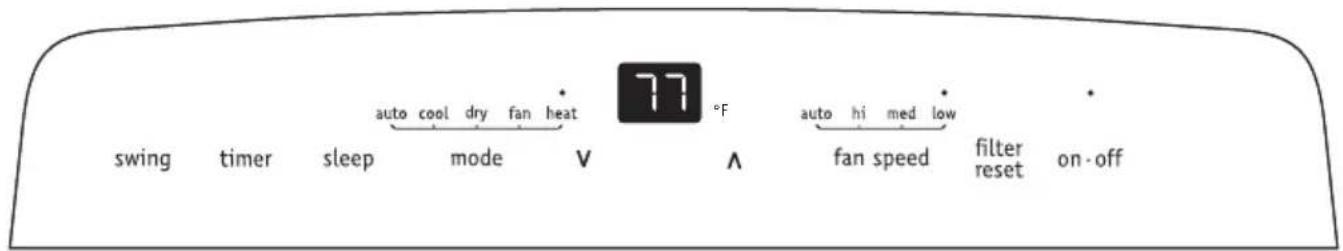 auto cool dry fan heat swing timer sleep mode V °F auto hi med low fan speed filter reset on-off
