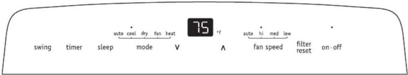 auto cool dry fan heat 75 °F auto hi med low swing timer sleep mode V ∧ fan speed filter reset on-off