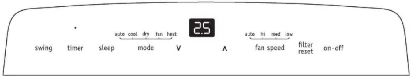• auto cool dry fan heat 2.5 swing timer sleep mode V ^ auto hi med low fan speed filter reset on-off