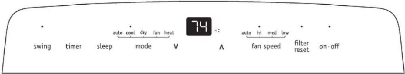 • auto cool dry fan heat 74 °F auto hi med low • • swing timer sleep mode V ∧ fan speed filter reset on-off