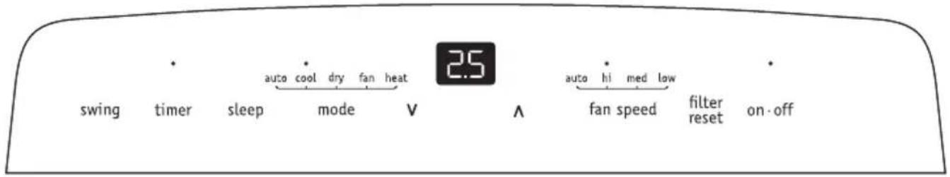 swing timer sleep mode V 2.5 auto cool dry fan heat auto hi med low fan speed filter reset on-off
