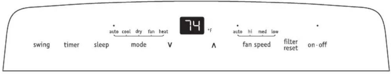 auto cool dry fan heat swing timer sleep mode V °F auto hi med low fan speed filter reset on-off