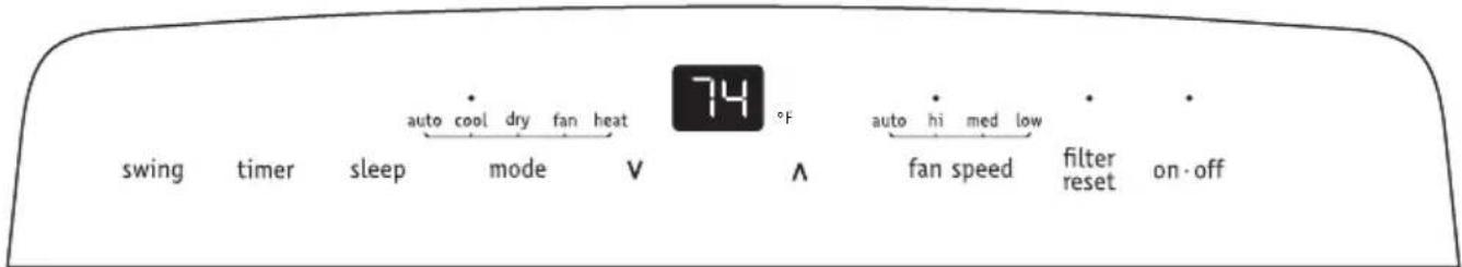 auto cool dry fan heat swing timer sleep mode V °F auto hi med low fan speed filter reset on-off