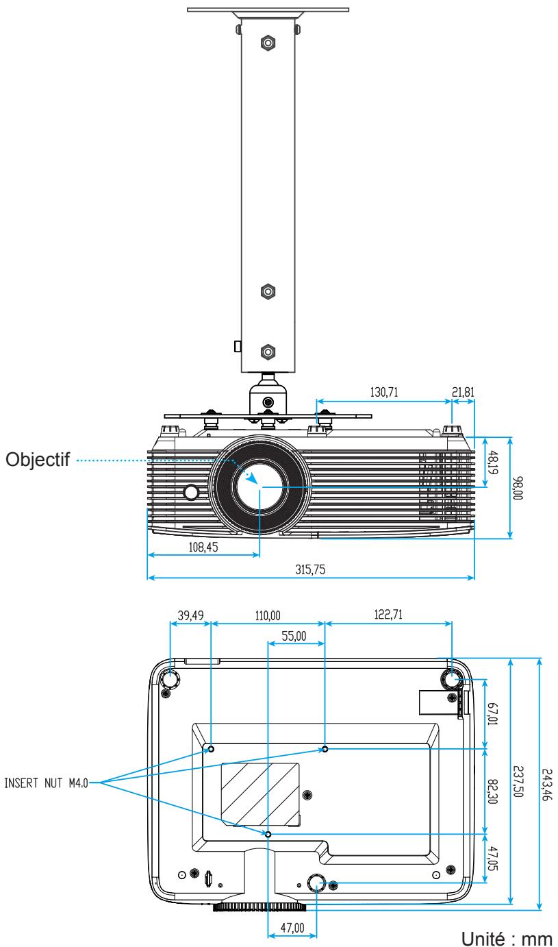 OPTOMA HD280e - Dimensions du projecteur et installation au plafond - 1