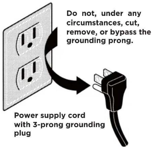 Do not, under any circumstances, cut, remove, or bypass the grounding prong. Power supply cord with 3-prong grounding plug