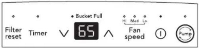 Filter reset Timer √ 65 ∧ Bucket Full Hi Med Lo Fan speed ① Pump