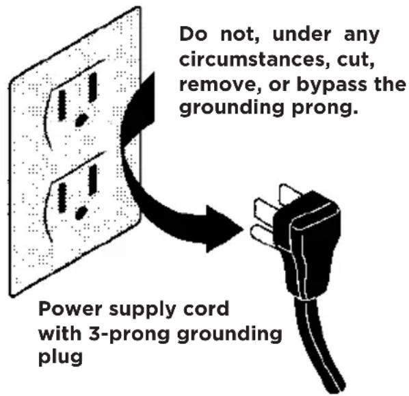Do not, under any circumstances, cut, remove, or bypass the grounding prong. Power supply cord with 3-prong grounding plug
