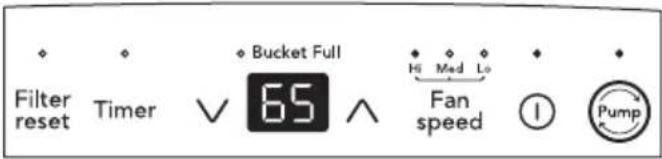 Filter reset Timer √ 65 ∧ Bucket Full Hi Med Lo Fan speed ① Pump