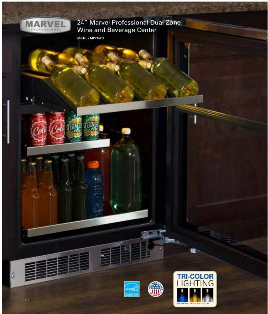 MARVEL PROFESSIONAL 24" Marvel Professional Dual Zone Wine and Beverage Center Model v MP24VB Cola Cola Ginger Ginger TRI-COLOR LIGHTING