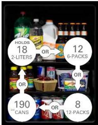 HOLDS 18 2-LITERS OR 12 6-PACKS OR 190 CANS OR 8 12-PACKS