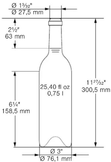 Ø 1¾/32" Ø 27,5 mm 2½" 63 mm 25,40 fl oz 0,75 l 6¼" 158,5 mm Ø 3" Ø 76,1 mm 11²⁷/³²" 300,5 mm