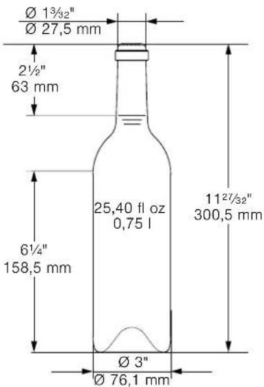 Ø 1¾/32" Ø 27,5 mm 2½" 63 mm 6¼" 158,5 mm 25,40 fl oz 0,75 l Ø 3" Ø 76,1 mm 11²⁷/³²" 300,5 mm