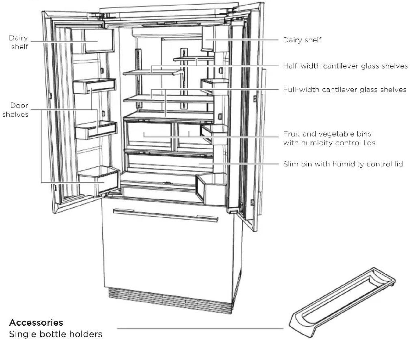 Dairy shelf Door shelves Dairy shelf Half-width cantilever glass shelves Full-width cantilever glass shelves Fruit and vegetable bins with humidity control lids Slim bin with humidity control lid Accessories Single bottle holders
