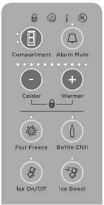 Compartment Alarm Mute - + Colder Warmer Fast Freeze Bottle Chill Ice On/Off Ice Boost