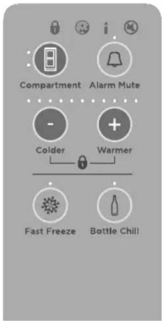 Compartment Alarm Mute - + Colder Warmer Fast Freeze Bottle Chill