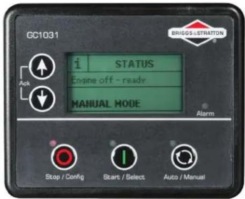 GC1031 i STATUS Engine off - ready MANUAL MODE Alarm Stop / Config Start / Select Auto / Manual