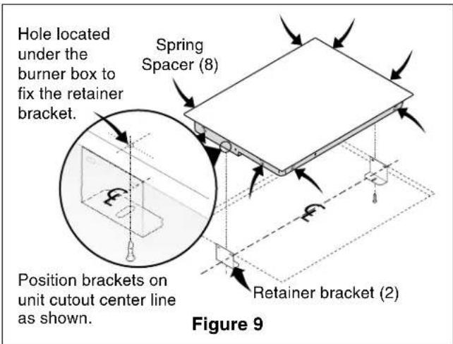 Hole located under the burner box to fix the retainer bracket. Spring Spacer (8) Position brackets on unit cutout center line as shown. Retainer bracket (2) Figure 9