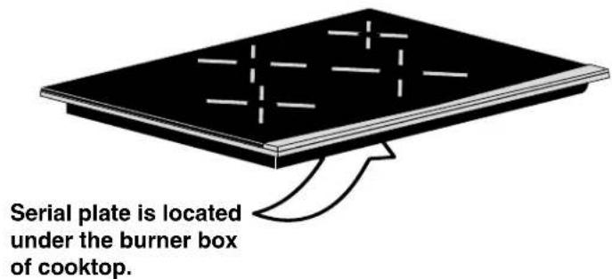 Serial plate is located under the burner box of cooktop.