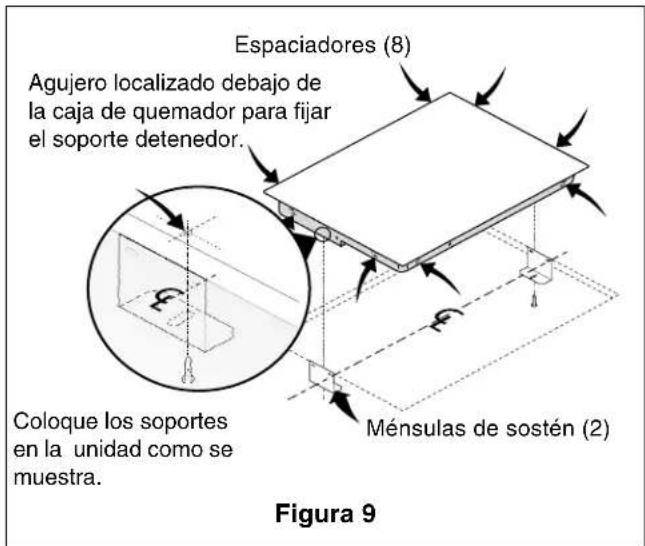 Espaciadores (8) Agujero localizado debajo de la caja de quemador para fijar el soporte detenedor. Coloque los soportes en la unidad como se muestra. Ménsulas de sostén (2) Figura 9