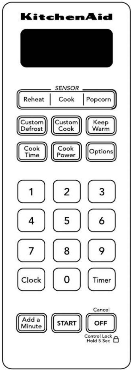 KitchenAid SENSOR Reheat Cook Popcorn Custom Defrost Custom Cook Keep Warm Cook Time Cook Power Options 1 2 3 4 5 6 7 8 9 Clock 0 Timer Add a Minute SART OFF Cancel Control Lock Hold 5 Sec