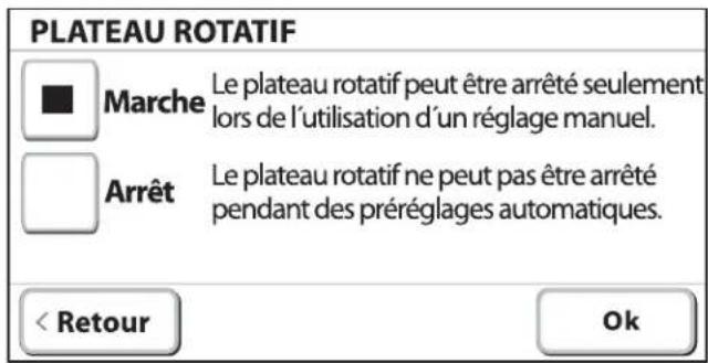 PLATEAU ROTATIF Marche Le plateau rotatif peut être arrêté seulement lors de l'utilisation d'un réglage manuel. Arrêt Le plateau rotatif ne peut pas être arrêté pendant des préréglages automatiques. < Retour Ok