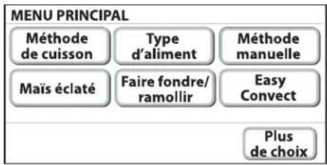 MENU PRINCIPAL Méthode de cuisson Maïs éclaté Type d'aliment Faire fondre/ramollir Méthode manuelle Easy Convect Plus de choix