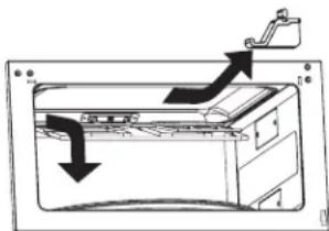 Diagram showing airflow or fluid flow from a device with arrows indicating direction of movement or flow.