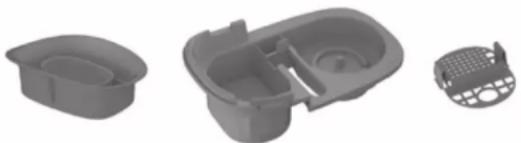 Three gray plastic containers with different internal compartments and designs, shown from different angles (no text or symbols visible)