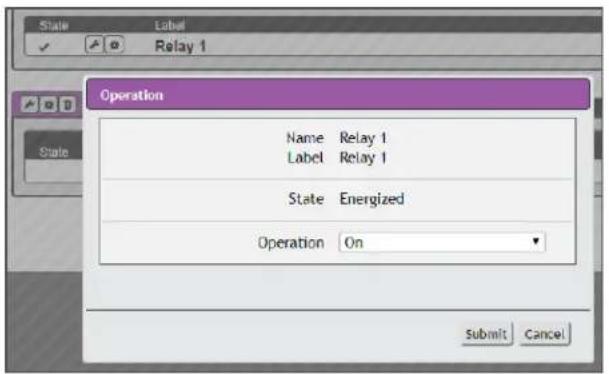 State Label Relay 1 Operation Name Relay 1 Label Relay 1 State Energized Operation On Submit Cancel