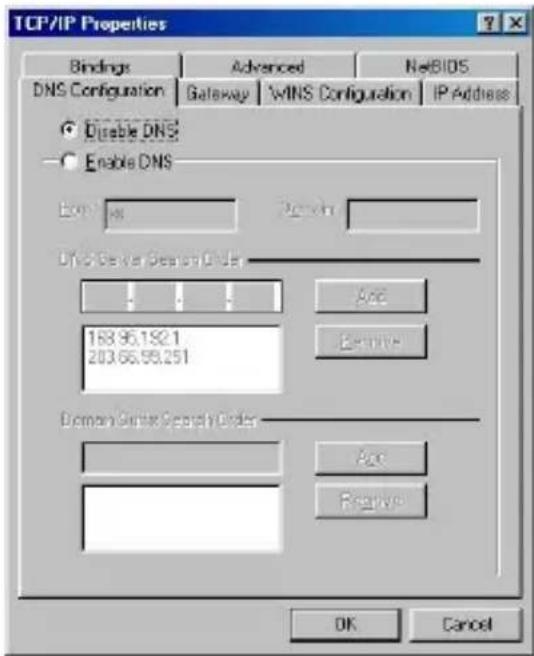 TCP/IP Properties Bindings Advanced NelBIOS DNS Configuration Gateway WINS Configuration IP Address ● Enable DNS ○ Enable DNS Eas: 100 Address: DNS Server Search Order 168.95.192.1 203.66.99.251 Access Remove Domain Server Search Order Acc Remove OK Cancel