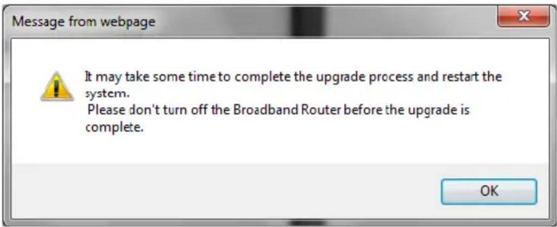 Message from webpage It may take some time to complete the upgrade process and restart the system. Please don't turn off the Broadband Router before the upgrade is complete.