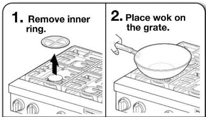 1. Remove inner ring. 2. Place wok on the grate.