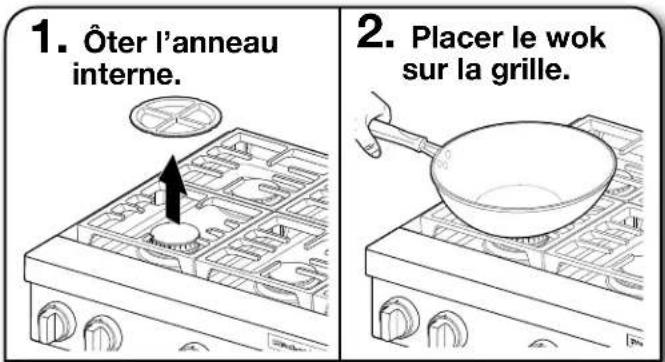 1. Ôter l'anneau interne. 2. Placer le wok sur la grille.