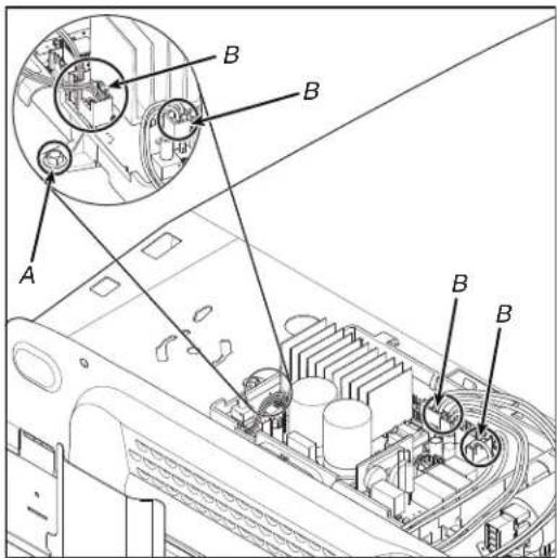 Technical diagram of a computer motherboard with labeled components A, B, and a magnified inset showing internal circuitry.