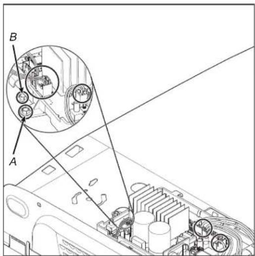 Technical diagram of an electronic device with labeled components A and B, showing internal wiring and component layout.