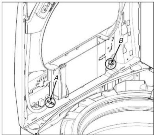 Technical diagram of a vehicle chassis with labeled components A and B, showing structural parts and wiring.